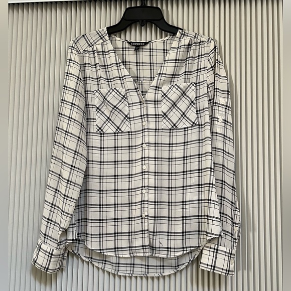 Express Plaid Gathered V-neck Blouse - Picture 1 of 6